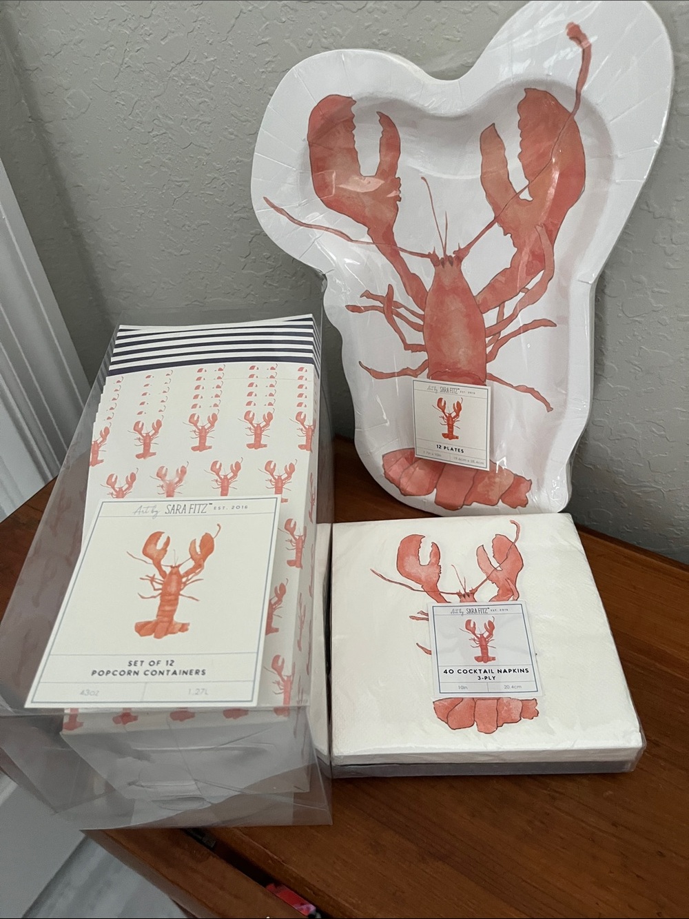 Lobster Themed Party Set - Coral & White Plates, Napkins, Popcorn Containers